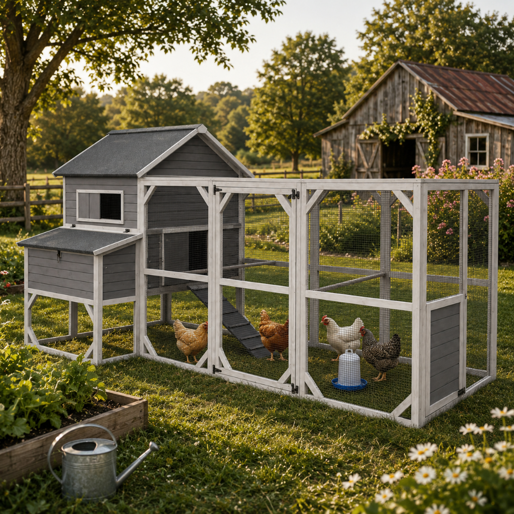Large Wooden Chicken Coop with Run & 6 Nesting Boxes | Homestead Poultry Shelter (SAK96430)