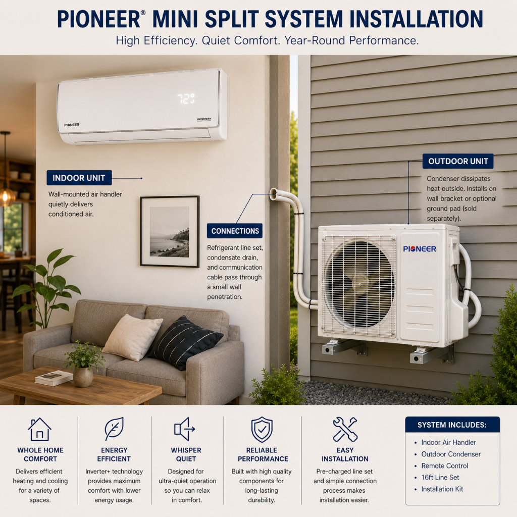 Pioneer Diamante Pro™ 24,000 BTU 21 SEER2 High-Wall Ductless Mini-Split Heat Pump System