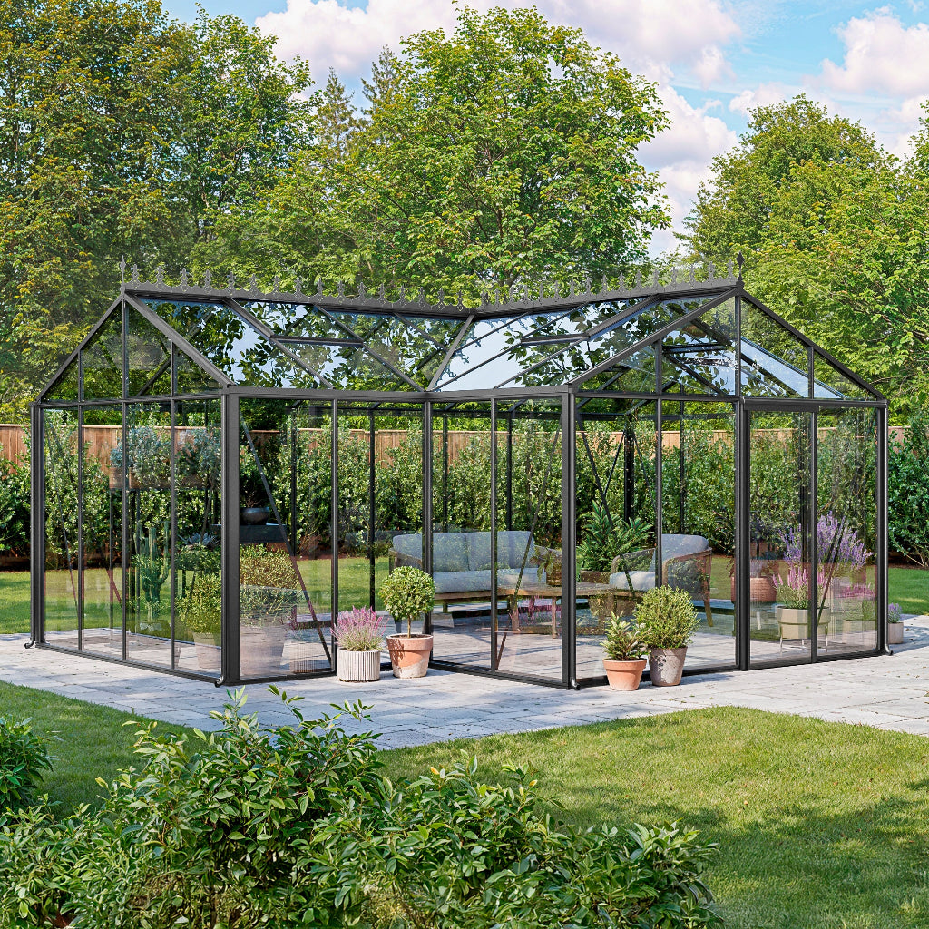 Bloom Cabin Aluminum T-Shape Orangerie Greenhouse | Luxury European Garden Conservatory