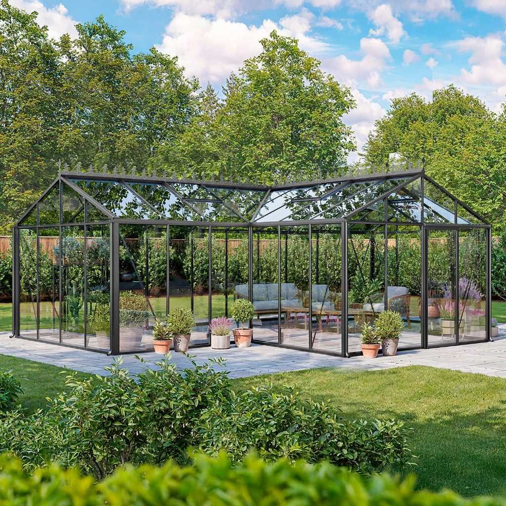 Bloom Cabin Aluminum T-Shape Orangerie Greenhouse | Luxury European Garden Conservatory