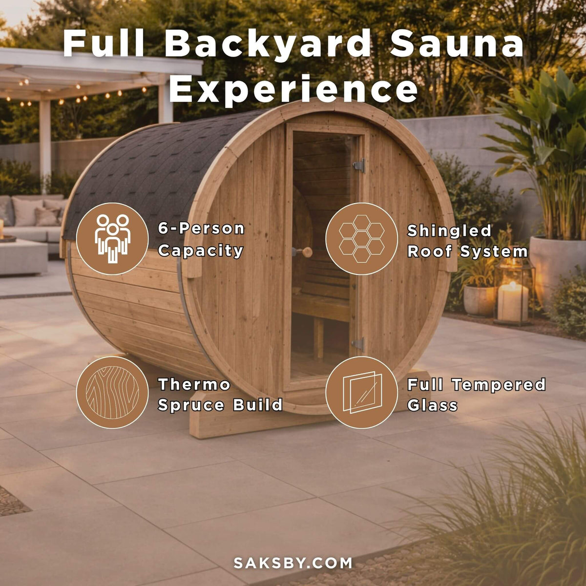 SaunaLife Model E8 Ergo Series 6-Person Outdoor Thermo-Spruce Sauna Barrel [SL-MODELE8] (SAK31809)