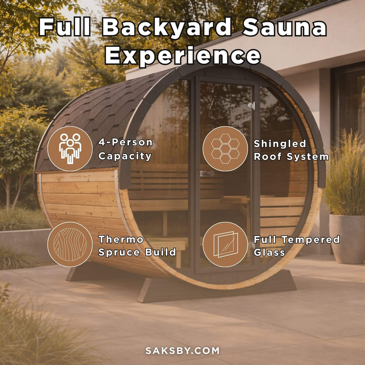 SaunaLife Model EE6G Ergo Series 4-Person Outdoor Sauna Barrel With Tempered Glass Front [SL-MODELEE6G] (SAK39412)